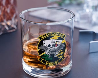 HSC-21 Blackjacks Rocks Glass, 10oz, Navy Helicopter Combat Support Squadron
