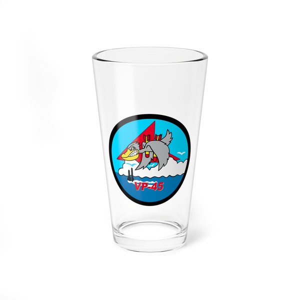 VP-45 "Pelicans" Aviator Pint Glass US Navy Patrol Squadron flying the P-8 Poseidon and P-3 Orion for retired and veteran Sailors.