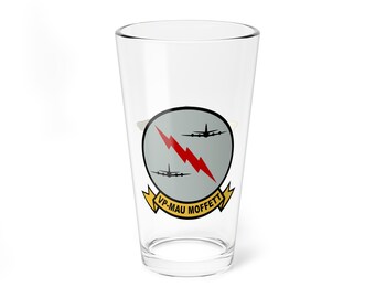 May include: A clear glass pint glass with a printed design of the squadron insignia for VP-MAU Moffett. The insignia features a gray circle with a red lightning bolt and two black silhouettes of airplanes.