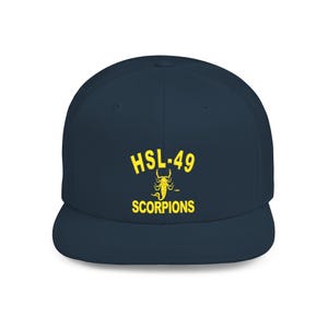 May include: A navy blue flat-brimmed baseball cap with the text "HSL-49 SCORPIONS" in yellow. A yellow scorpion graphic is centered between the text. The cap has a structured fit and a flat brim.
