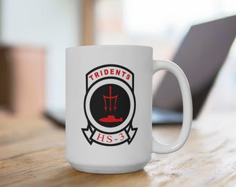 HS-3 Tridents 15oz Coffee Mug, Helicopter Antisubmarine Squadron 3 flying the Seaking and Seahawk