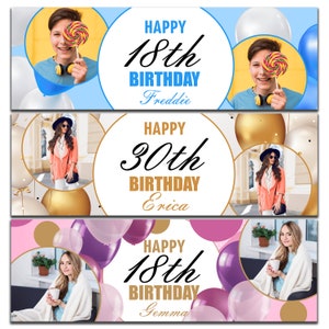 2 X Personalised Birthday Banner Balloon style with any name, age & Photo