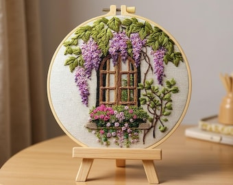 Wisteria Window Embroidery Kit – Romantic Floral Window Blooms Needlepoint DIY Craft Gift