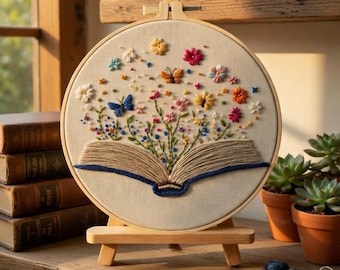 Floral Book Embroidery Kit DIY, Beginner Hand Embroidery Kit, Flower Pattern Needlework, Craft Kit for Adults, DIY Wall Art Decor