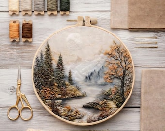 Landscape Embroidery Kit for Beginners, Mountain DIY Nature Needlework Set with Hoop, Hand Embroidery Craft Gift for Adults