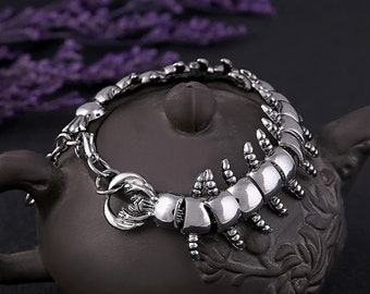 Silver Centipede Bracelet, Stainless Steel bracelet, Men Centipede Design Chain Wrist Charm Bracelet Punk Jewelry Fashion Gift Bracelet