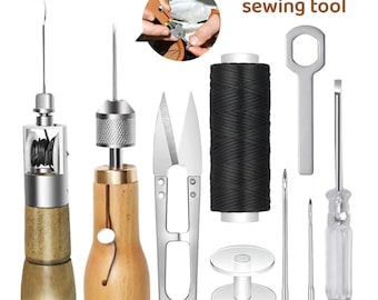 8PCS Leather Sewing Awl Kit – DIY Hand Stitching Tools Set for Leather Craft, Belt Repair, Canvas & Shoemaking with Thread