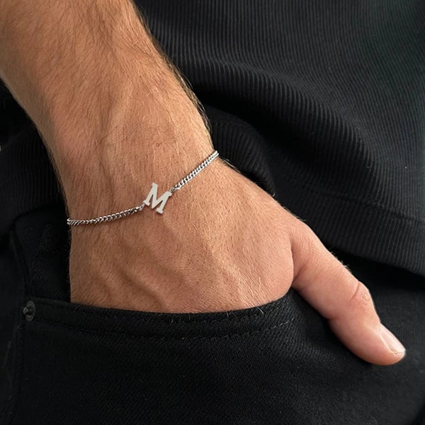 A-Z Initial Letter Bracelet for Men - Handmade Stainless Steel Chain Jewelry - initial mens - gift for him-Valentines gift for Him