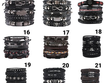 Black Spiked Leather Bracelet 5 set for Men and Women Punk Rock Handmade Wristband Stackable Braided Cuff For Men and Women