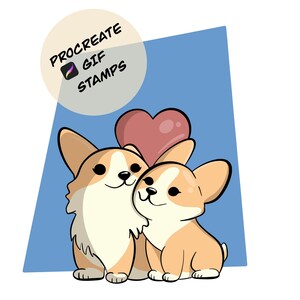 May include: Two cartoon corgis with brown and white fur are standing next to each other. The corgi on the left is looking to the right and the corgi on the right is looking up. A pink heart is floating above the corgis. The text "PROCREATE GIF STAMPS" is in a circle above the corgis.