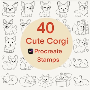 May include: A set of 40 black and white line art illustrations of cute corgis in various poses. The illustrations are labelled "40 Cute Corgi Procreate Stamps".