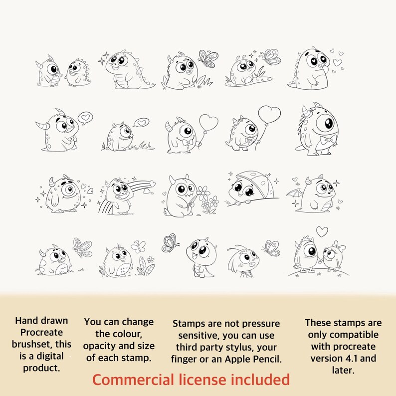 50 Cute Monsters | Procreate Brushes Set | Procreate Stamps ...