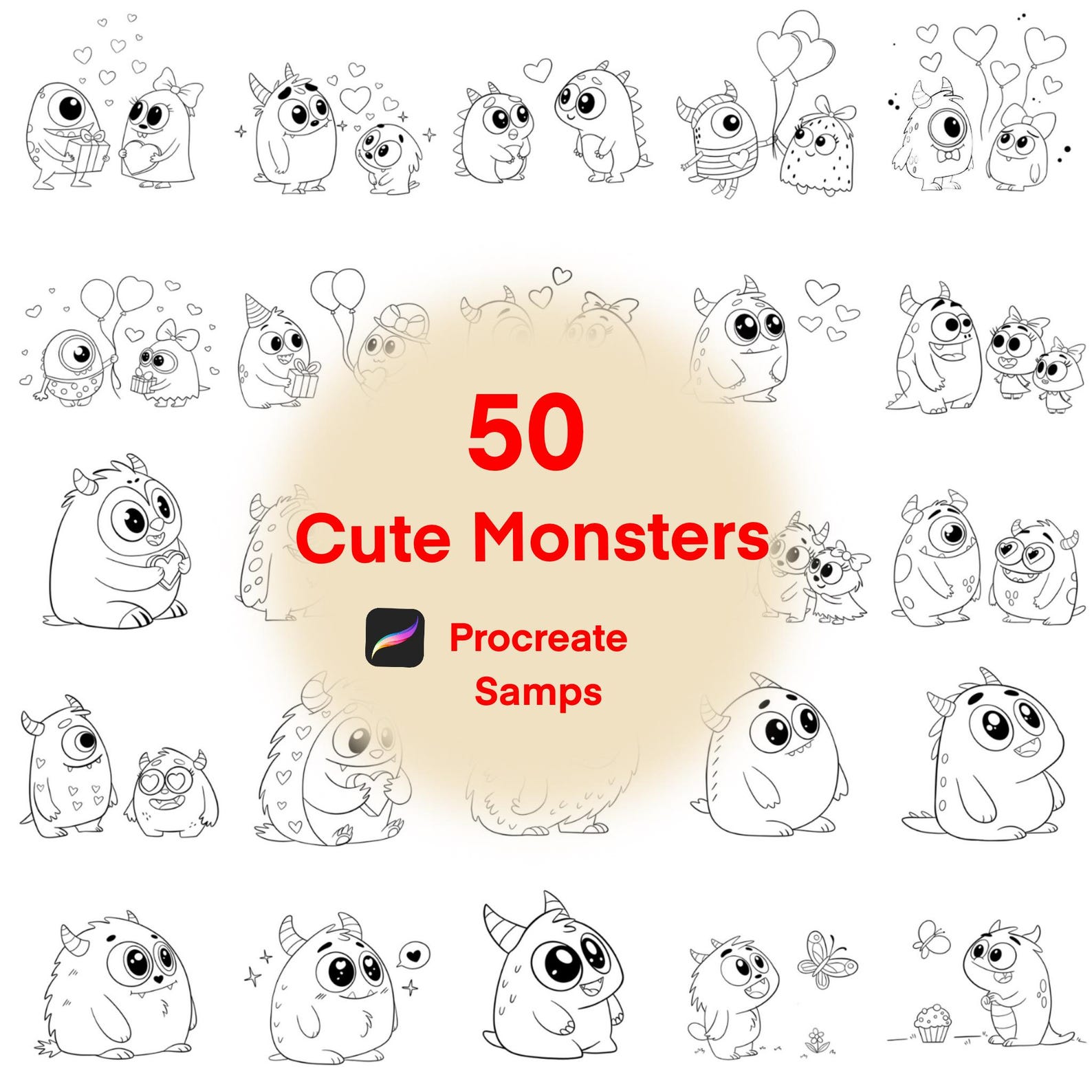 50 Cute Monsters | Procreate Brushes Set | Procreate Stamps ...