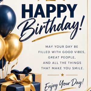 May include: A birthday greeting card featuring a gold crown icon above the text HAPPY Birthday! and the message MAY YOUR DAY BE FILLED WITH GOOD VIBES, GREAT PEOPLE, AND ALL THE THINGS THAT MAKE YOU SMILE. Enjoy Your Day! Navy and gold balloons and gifts.