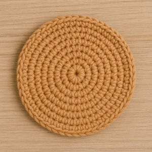Könnte beinhalten: Ein runder, gehäkelter Untersetzer in einem warmen, hellbraunen Farbton. Der Untersetzer hat ein Spiralmuster, das eine strukturierte Oberfläche erzeugt. Der handgefertigte Artikel eignet sich zum Schutz von Oberflächen vor heißen oder kalten Getränken.