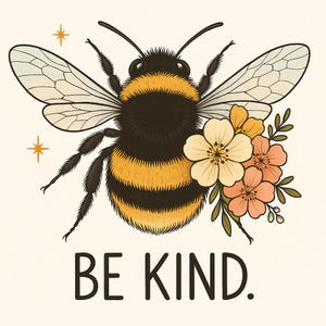May include: Illustration of a bumblebee with yellow and black stripes, wings, and flowers. The bee is surrounded by flowers in shades of peach, cream, and yellow. The words "BE KIND." are written in black block letters below the bee.