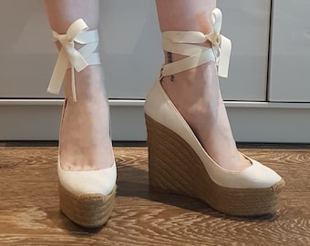 Barely Used, Vintage, Christian Louboutin, White, Canvas, 'Formentera', High-heel, Espadrille Wedges with White Ribbon Lace-ups