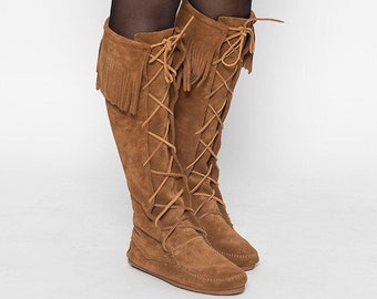 Unused, Vintage, Minnetonka, Tan/Brown, Knee-high, Suede Leather Moccasin Boots with Fringes