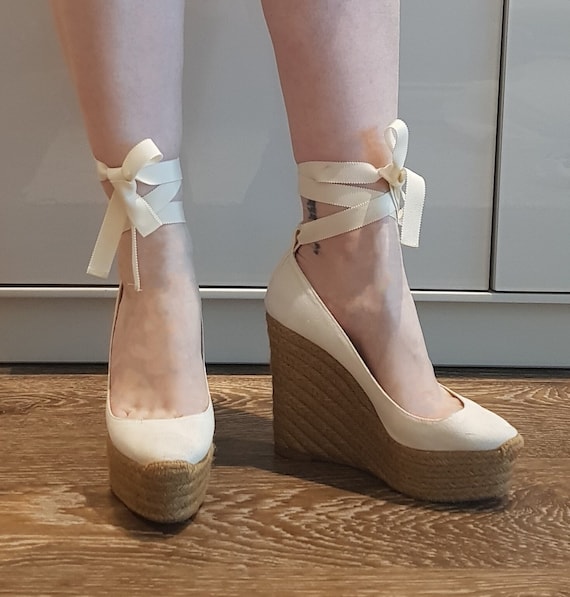 Barely Used Vintage Christian Louboutin White Canvas formentera High heel Espadrille Wedges With White Ribbon Lace ups Etsy