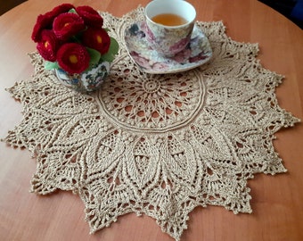 Handmade crocheted 3D lace cotton doily tablecloth 18 1/2" dark beige with gold metallic thread