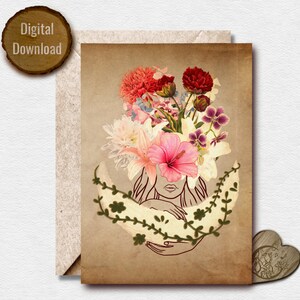 Lot de fleurs et beauté, carte, fleurs, femme, beauté, lumière, sagesse, vintage, mystique, lune, divin, cadeau, carte de compliment