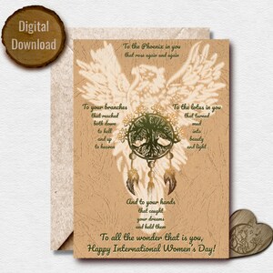 Happy IWD You Wonder Phoenix, Journée internationale de la femme, vintage, Phoenix, Arbre de vie, Lotus, Dreamcatcher, Carte pour femme, Cadeau pour elle
