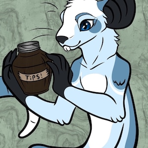 May include: A cartoon illustration of a blue and white furry creature holding a brown jar with a white label that says "Tips!"