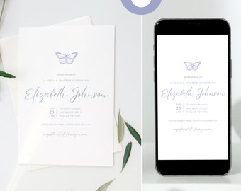 May include: A white bridal shower invitation with a purple butterfly design. The invitation reads "Please join us for a bridal shower honoring Elizabeth Johnson" and includes the date, time, and location of the event. RSVP information and a website for the registry are also included.