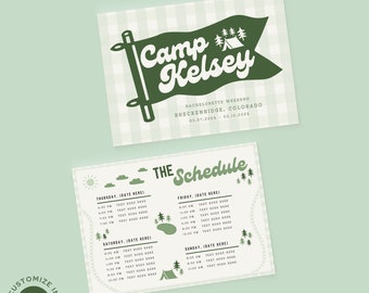 Camp Bachelorette Itinerary, Camp Bach Invitation, Camp Theme Bachelorette Schedule, Parent Trap Bach, Camping Bachelorette Itinerary