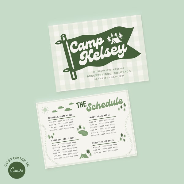 Camp Bachelorette Itinerary, Camp Bach Invitation, Camp Theme Bachelorette Schedule, Parent Trap Bach, Camping Bachelorette Itinerary