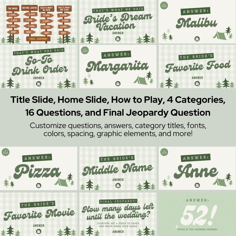May include: A collection of wedding-themed game cards with various categories and answers. The cards feature text like "Bride's Dream Vacation," "Margarita," and "Pizza." The design includes green and white elements, with a camping tent graphic.
