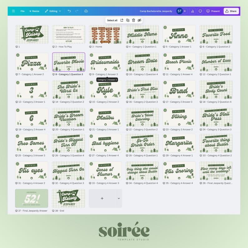 May include: A digital game board for a bachelorette party, featuring a Jeopardy-style layout with various categories and answers. The design includes a green and white color scheme with camping-themed graphics and the text "Camp Kelsey Jeopardy".