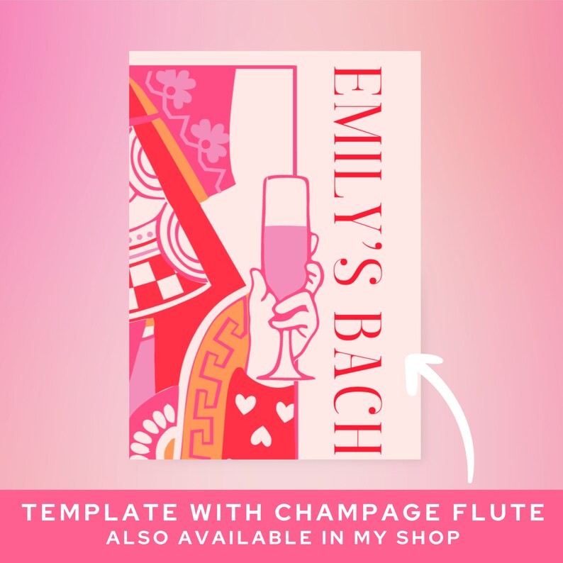 May include: A pink and red printable bachelorette party invitation with a graphic of a queen of hearts holding a champagne flute. The text "Emily's Bach" is on the right side of the invitation.