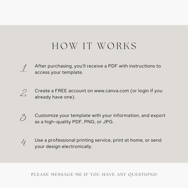 May include: A four-step guide on how to use a digital template. The steps are: 1. After purchasing, you'll receive a PDF with instructions to access your template. 2. Create a FREE account on www.canva.com (or login if you already have one). 3. Customize your template with your information, and export as a high-quality PDF, PNG, or JPG. 4. Use a professional printing service, print at home, or send your design electronically. The text "PLEASE MESSAGE ME IF YOU HAVE ANY QUESTIONS!" is at the bottom of the image.