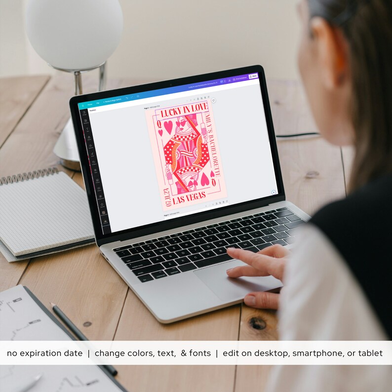 May include: A digital design template for a bachelorette party invitation. The design features a pink and red playing card with a queen holding a heart and sunglasses. The text on the card reads "Lucky in Love" and "Las Vegas Bachelorette".
