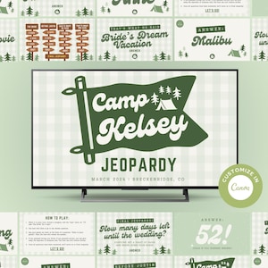May include: A flat-screen TV displays a green and white "Camp Kelsey Jeopardy" game board. The game board includes text, a tent graphic, and the date March 2024. Surrounding the TV are smaller game elements with text and graphics.