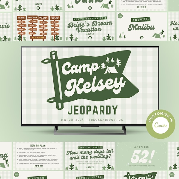 Plantilla de Jeopardy para despedida de soltera con temática de campamento: actividad DIY de despedida de soltera (plantilla de Canva)