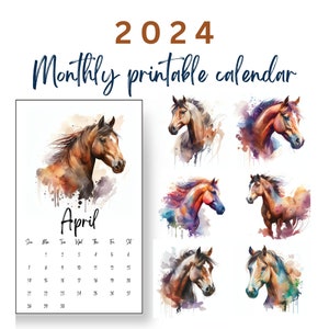 Calendário Ilustrado de Cavalos em Aquarela 2024 | Tamanho A4 e Carta para impressão | Calendário Mensal 2024 | Segunda e Domingo Comece a Imprimir em Casa Fofo