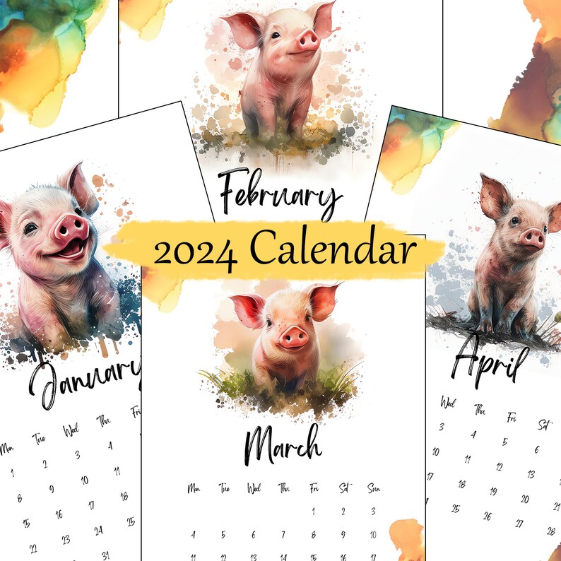 2024 Illustrated Watercolor Happy Piglet Calendar Printable A4 & Letter