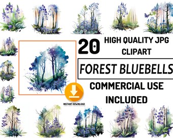 20 Forest Bluebells Clipart JPG Bundle, Full Commercial Use, Baby Shower Graphics, Watercolor, Nursery Decor Wall Art, Sublimation Design