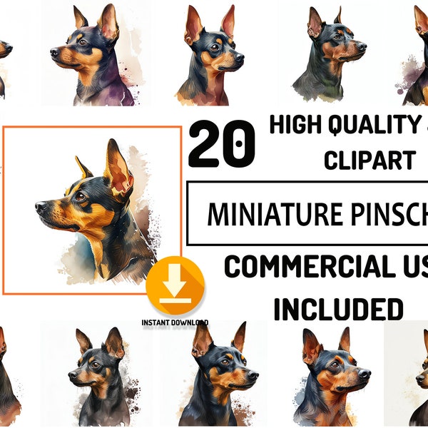 20 Pinscher Clipart miniature JPG Bundle, utilisation commerciale complète, douche de bébé mignonne, aquarelle, décoration de chambre d’enfant art mural, conception de sublimation