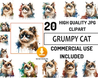 20 Grumpy Cat Clipart JPG Bundle, Full Commercial Use, Cute Baby Shower Graphics, Watercolor, Nursery Decor Wall Art, Sublimation Design