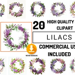 Lilacs Floral Wreath Clipart 20 Acuarela Flores JPG Bundle, Uso comercial completo, Arte de la pared de flores, Diseño de gráficos de tarjetas de boda