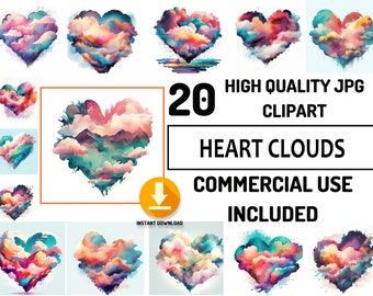 20 Heart Clouds Clipart JPG Bundle, Full Commercial Use, Hearts Graphics, Watercolor, Nursery Decor Wall Art, Sublimation Design