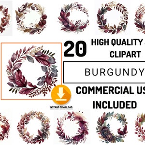Bourgogne Floral Wreath Clipart 20 aquarelle fleurs JPG Bundle, utilisation commerciale complète, art mural fleurs, conception graphique de carte de mariage