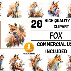 20 Fox Clipart JPG Bundle, Full Commercial Use, Cute Baby Shower Graphics, Watercolor, Nursery Decor Wall Art, Sublimation Design
