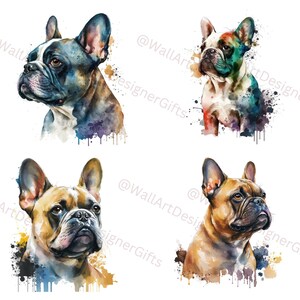 Französische Bulldogge Aquarell Druck Clipart, 4 Hunde Kinderzimmer Deko PNG, druckbarer digitaler Download, personalisierte Hundekunst, Kartenherstellung