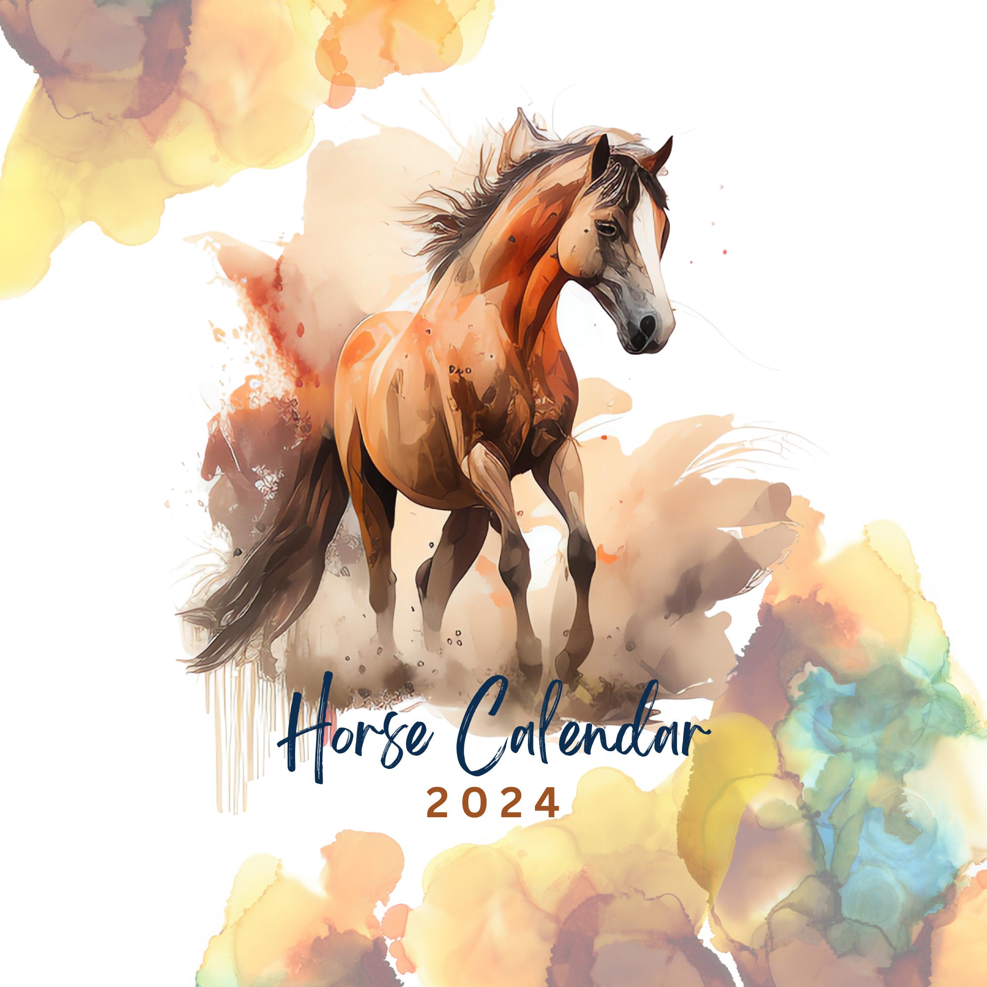 2024 Illustrated Watercolor Horse Calendar Printable A4 & Letter Size