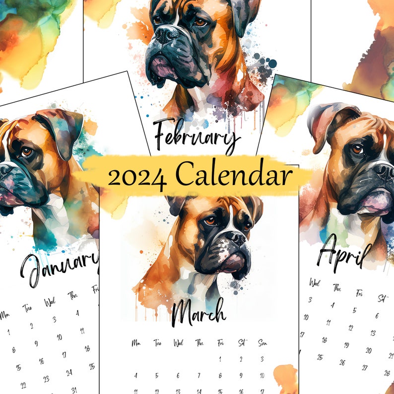 2024 Illustrated Watercolor Boxer Dog Calendar Printable A4 & Letter