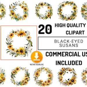 Black-Eyed Susans Floral Wreath Clipart 20 Watercolor Flowers JPG Bundle, Full Commercial Use, Flowers Wall art, Wedding Card Graphic Design